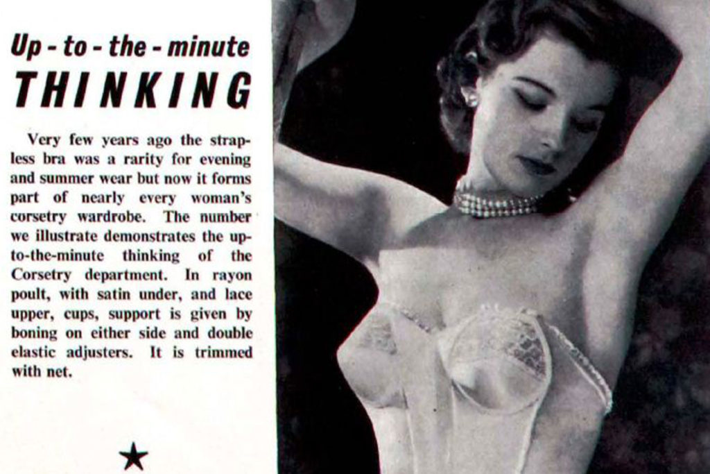 A black and white image of a magazine article with an image of a model wearing a strapless long line bra.