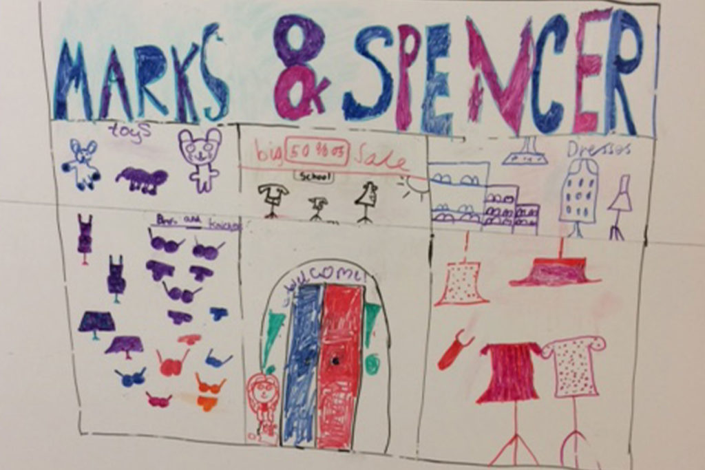 A colour image of a drawing of an M&S store by school pupils.