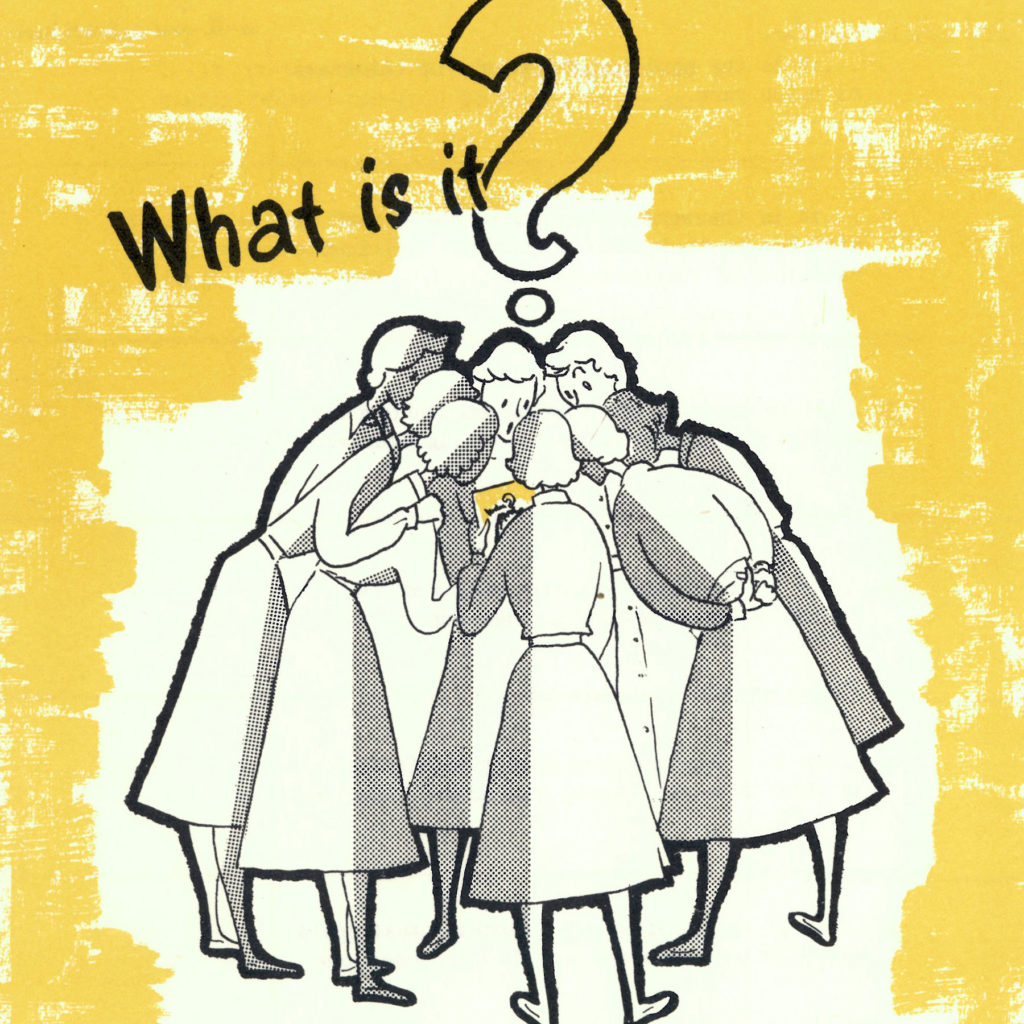 Colour image of an illustration of women in a huddle