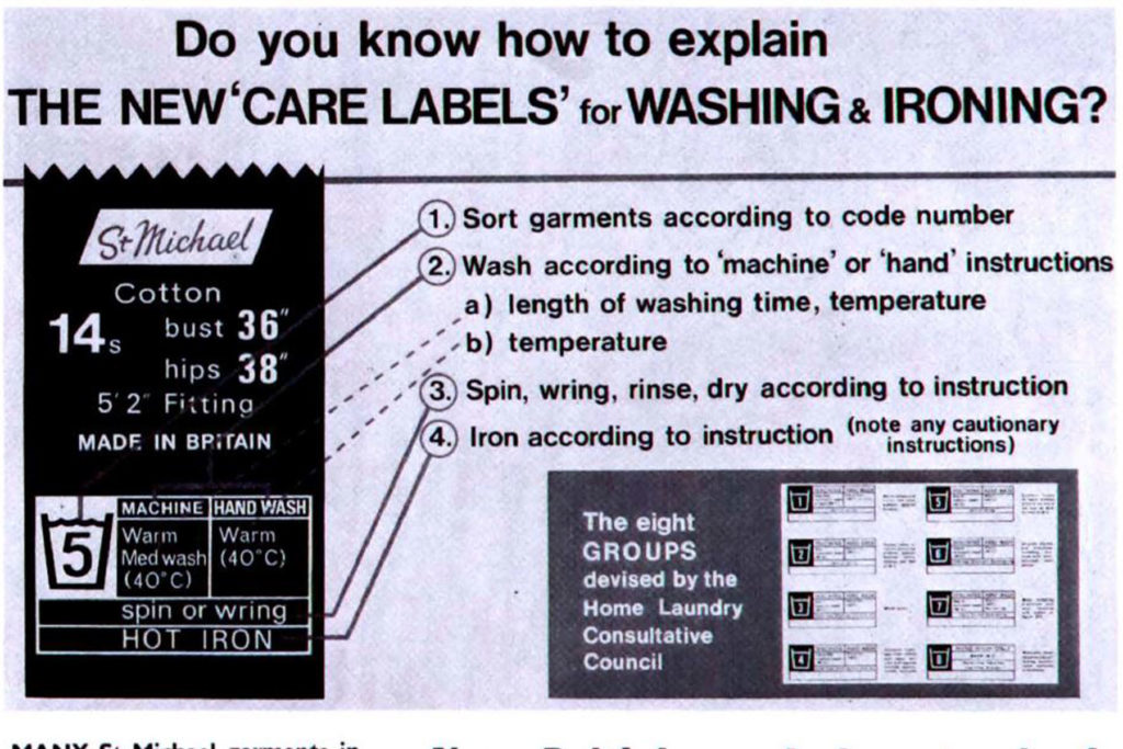 A black and white image of information on care labels.
