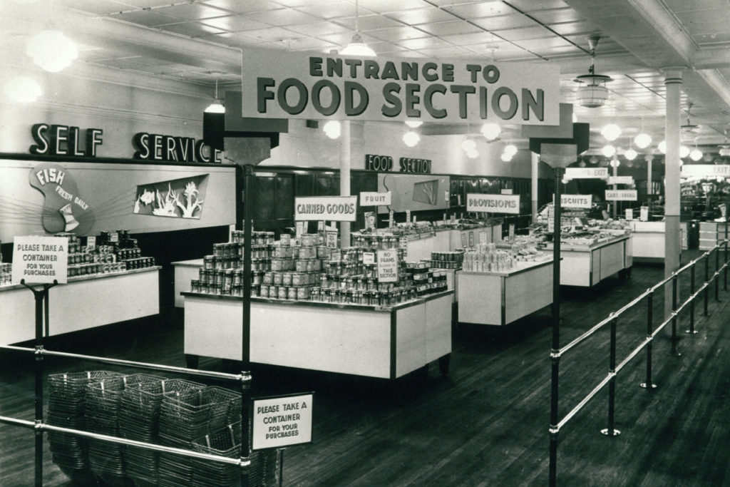 A black and white image of a food section.