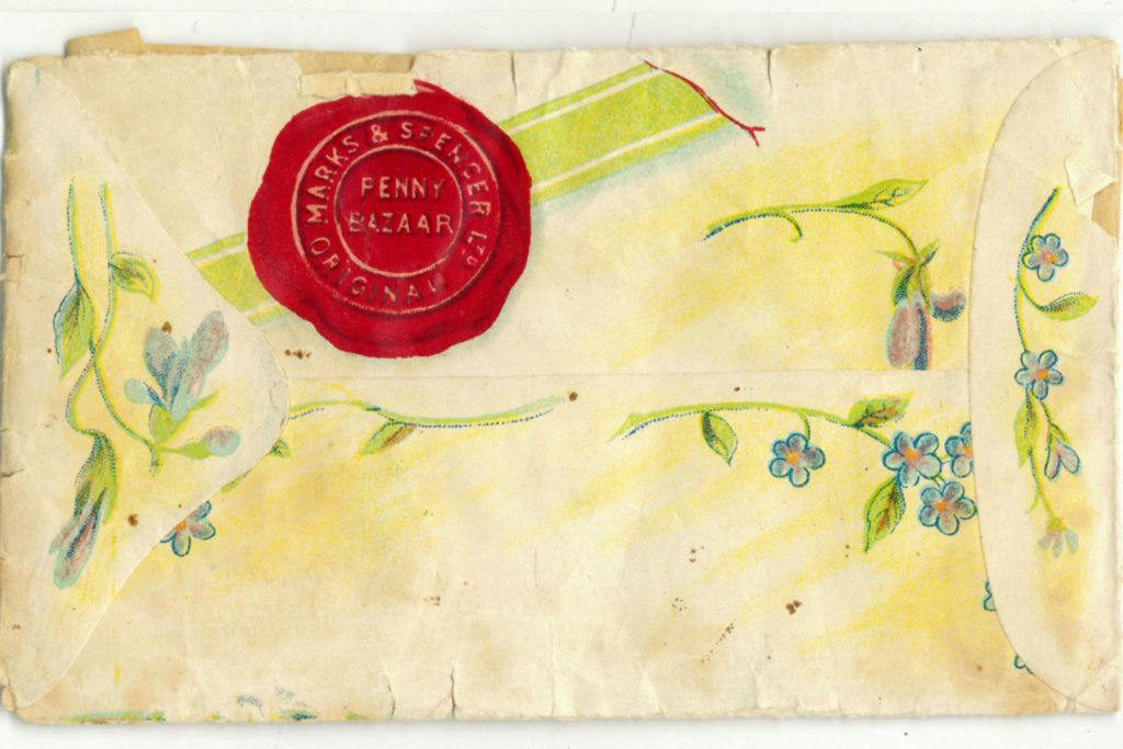 A colour image of a painted design for the reverse of a floral sachet envelope