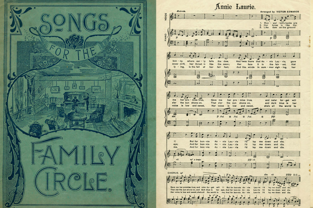 Colour image of the cover and page of a sheet music album