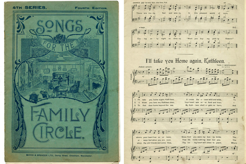 Colour image of the cover and page of a sheet music album