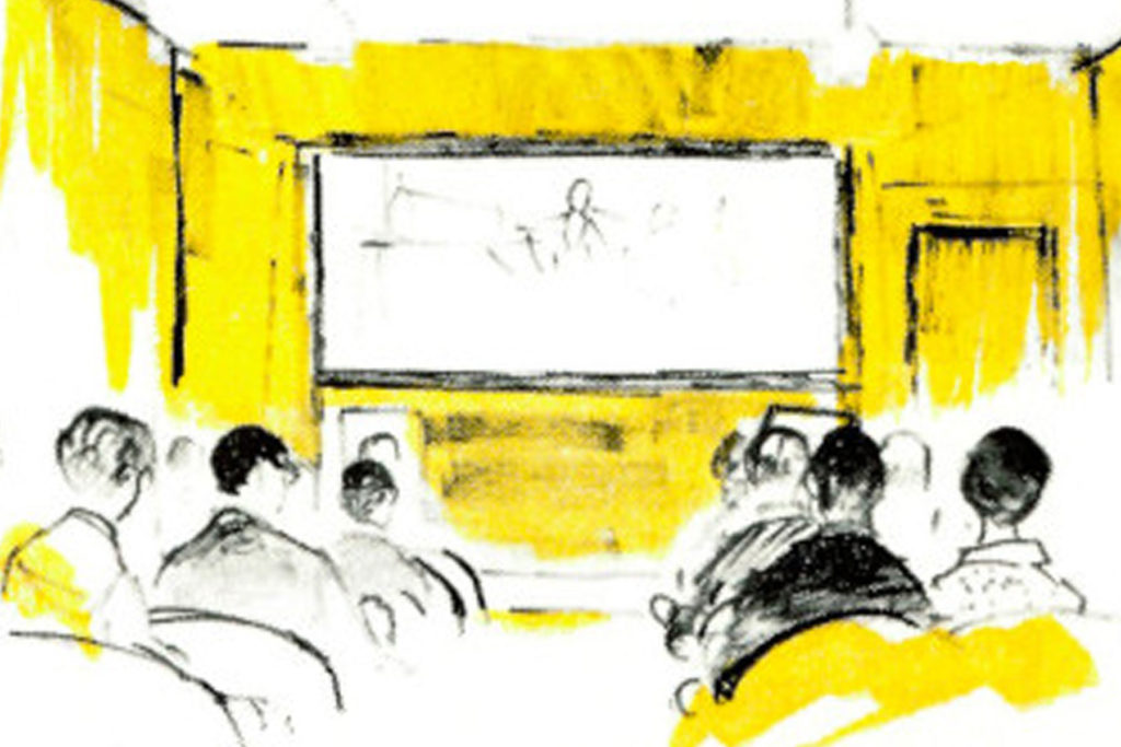 Colour illustration of people watching a cinema screen