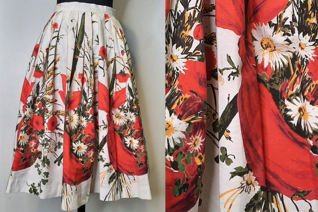 Colour image of a cream skirt on a mannequin, with a close up of the print on the right. The print is of flowers and wheat in red swags of fabric.