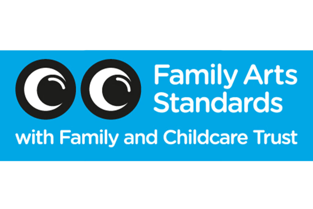 Colour image of two illustrated eyes on blue background with text Family Arts Standards with Family and Childcare Trust