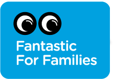 Colour image of a blue rectangle with rounded corners, with illustrated eyes and text Fantastic for Families