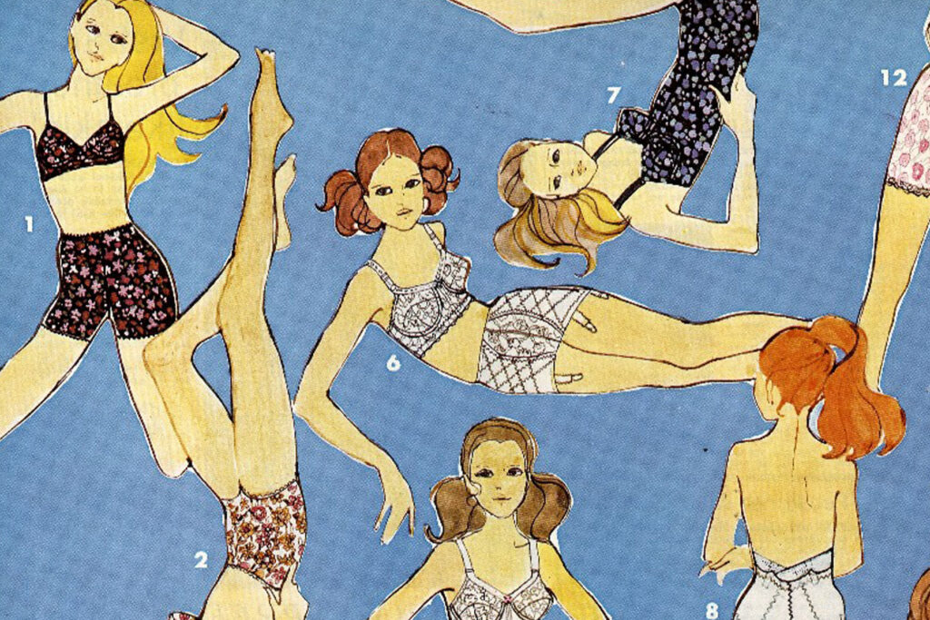 Colour illustration of womenin lingerie, standing, lying down, doing gymnastics on a blue background.
