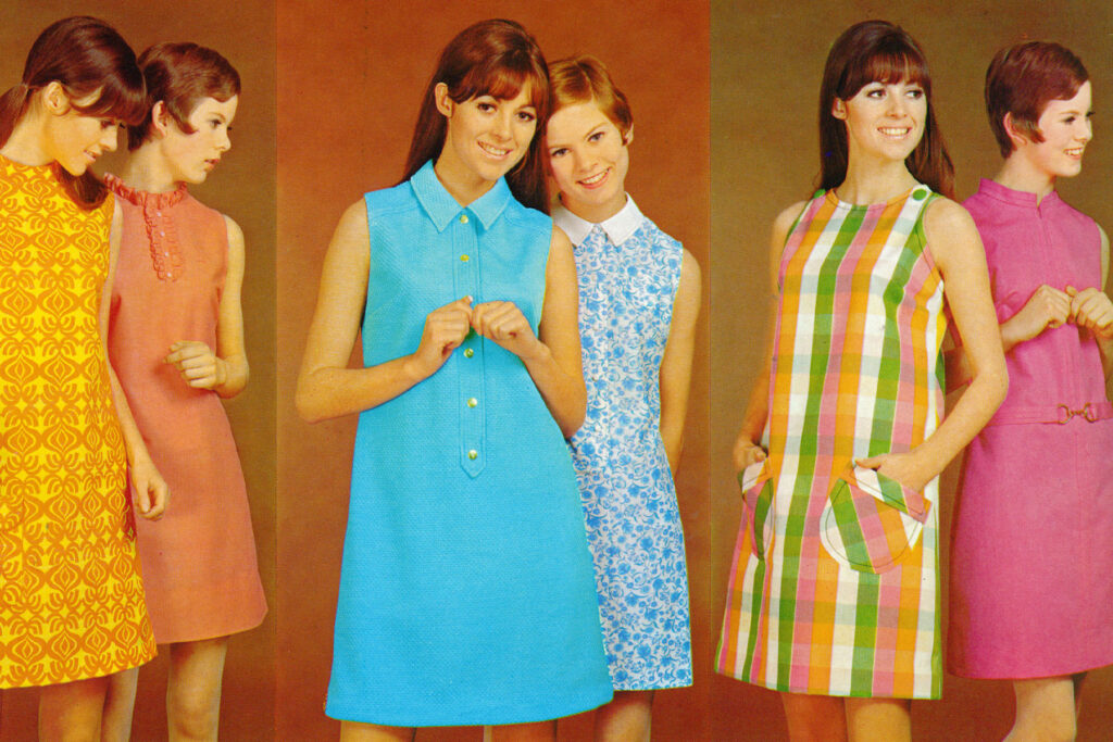 Colour image of models wearing 1960s short dresses.