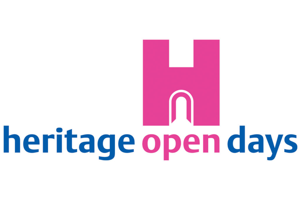 Colour image of a logo showing a pink H as a gateway and text reading heritage open days.