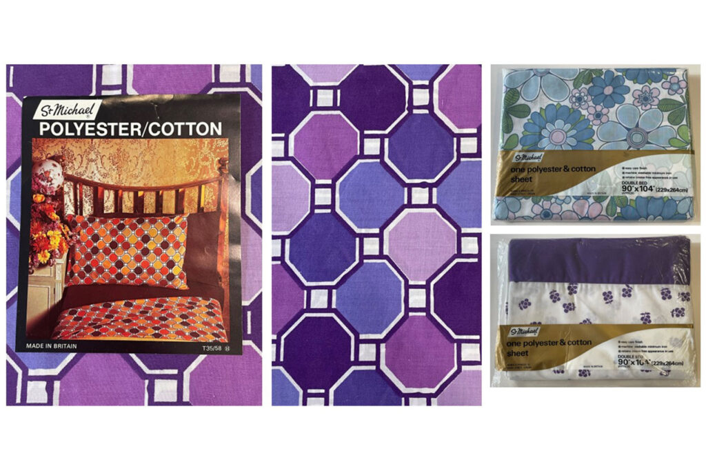 4 colour images of 1970s bedding with bold geometric and floral patterns