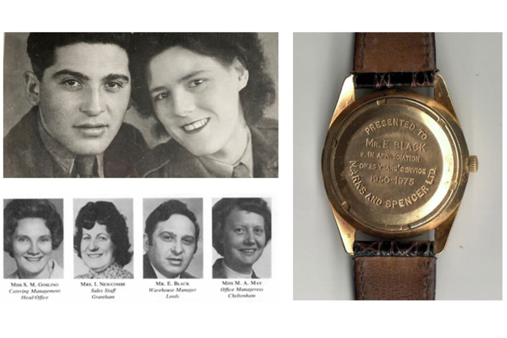 Image shows black and white photographs of a man and woman and headshots of three women and a man, colour image to the right shows the back of a watch inscribed with 'Presented to Mr E Black in appreciation of 25 years' service 1950-1975. Marks and Spencer Ltd.