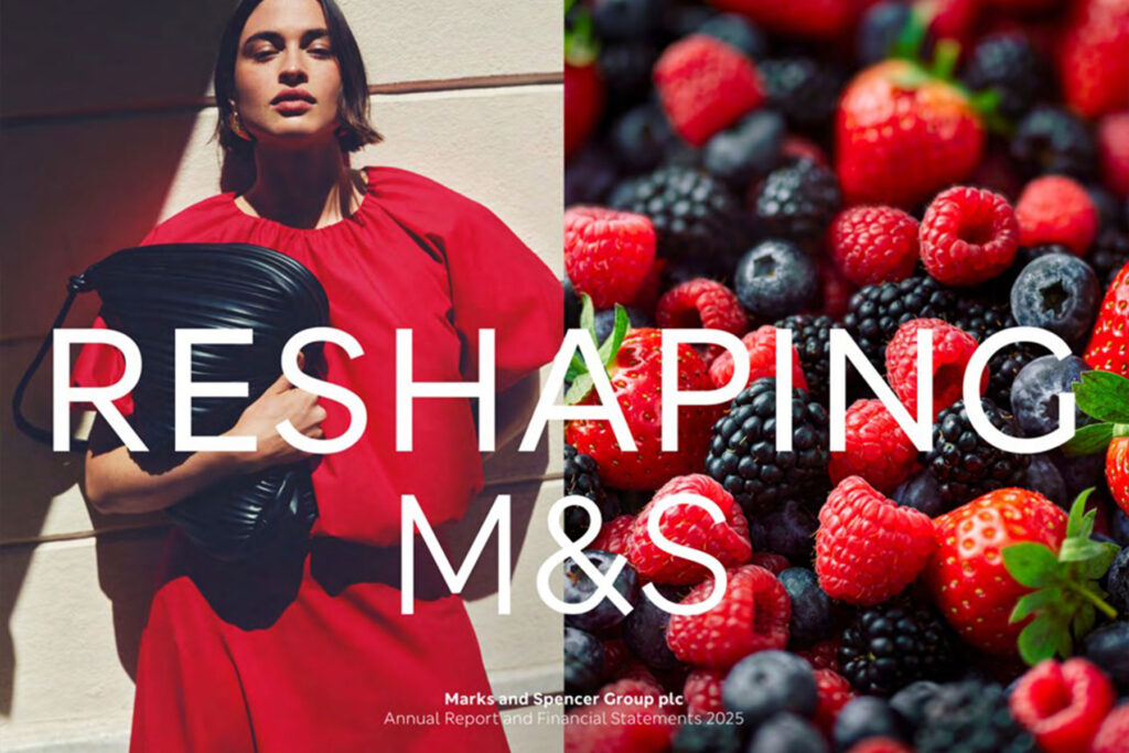 Colour image of a report cover showing a model in a red outfit and close up of some summer fruits.
