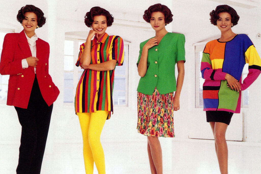 Colour photo of models wearing bright clothing