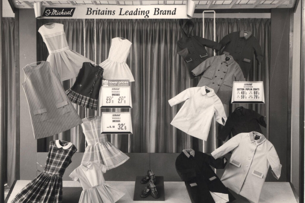 Black and white image of a shop window display