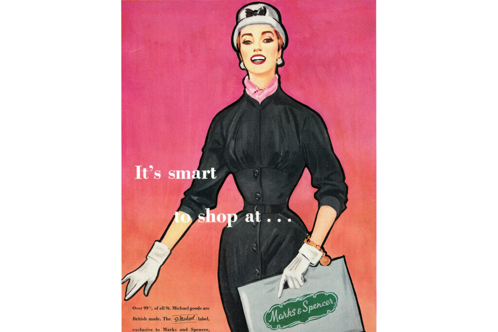 Colour illustration of a woman in 1950s fashion holding an M&S carrier bag.