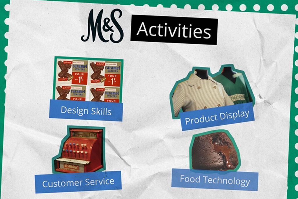 Colour image of clothes, till, food and packaging